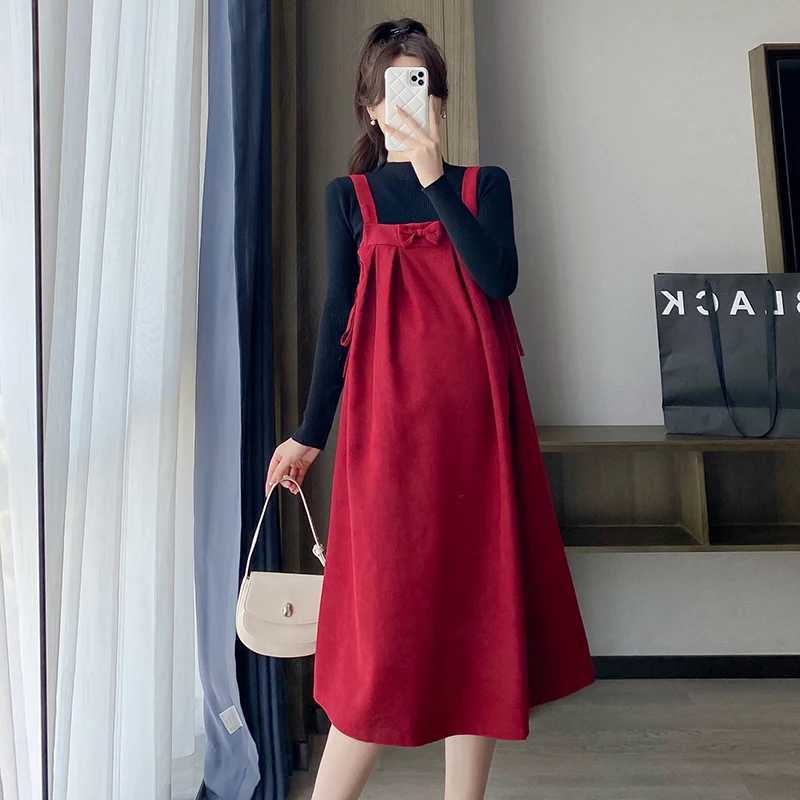 2025 New Year Materni Dress Red Strap Dress with Bow Plus Size Pregnant Woman Par Dress Sleeveless Pregnancy A-line DressesXJ241213