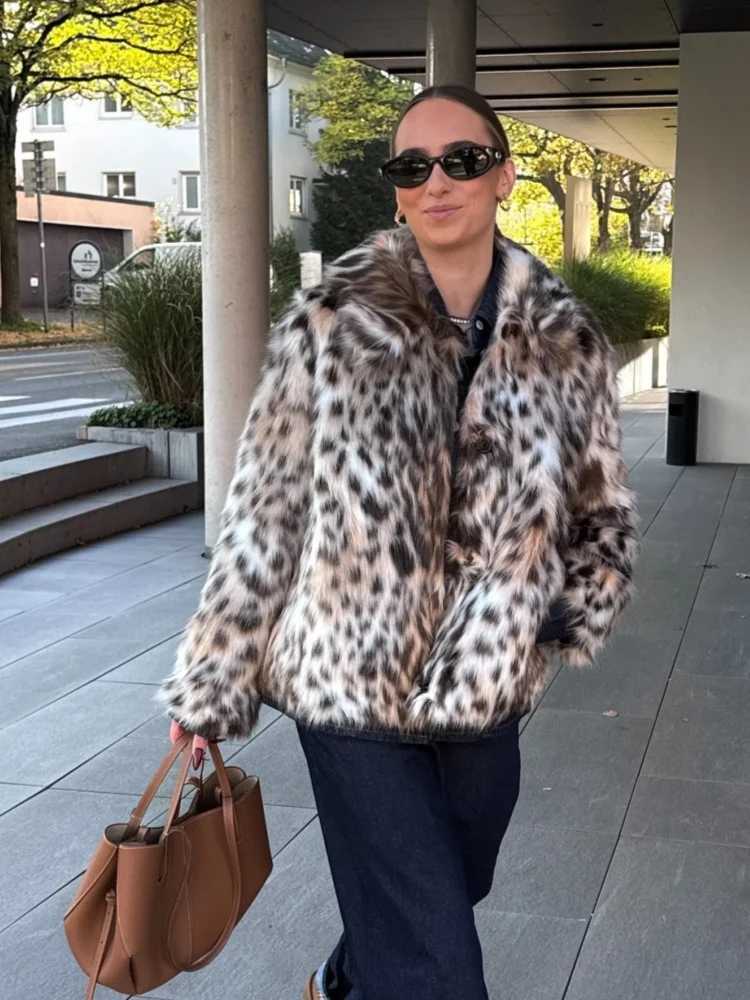 Womens Leopard Printed Lapel Faux Fur Coat Fashion Thicken Oversized Long Slve Warm Plush Jacket Winter Lady Strtwear 2024 X241214