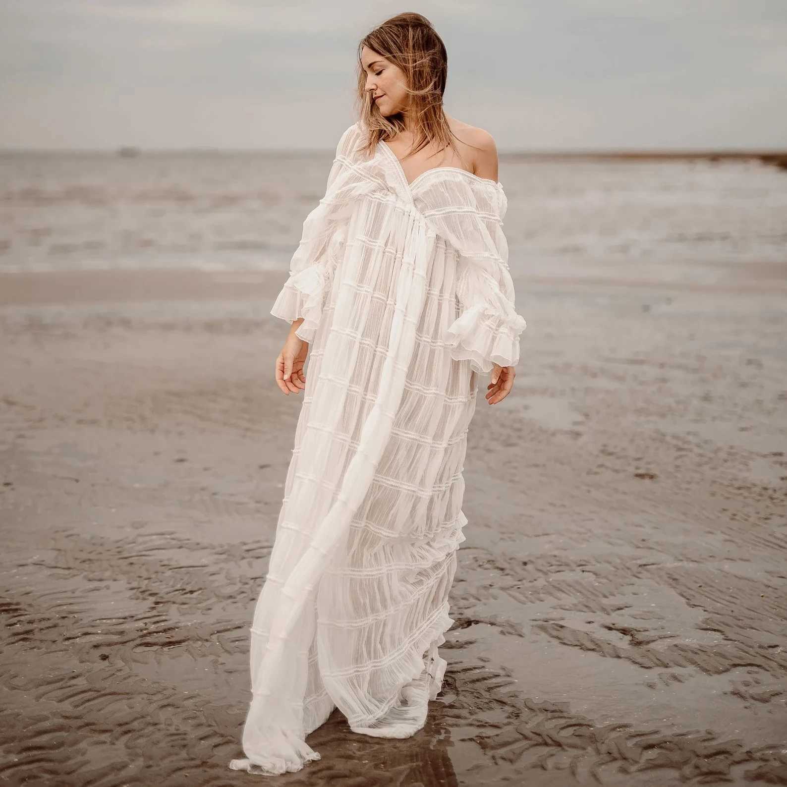 Boho Sle Pleat Materni Photo Shooting Dress Open Front Bohemian Long Dress For Pregnancy Photo ShootXJ241213