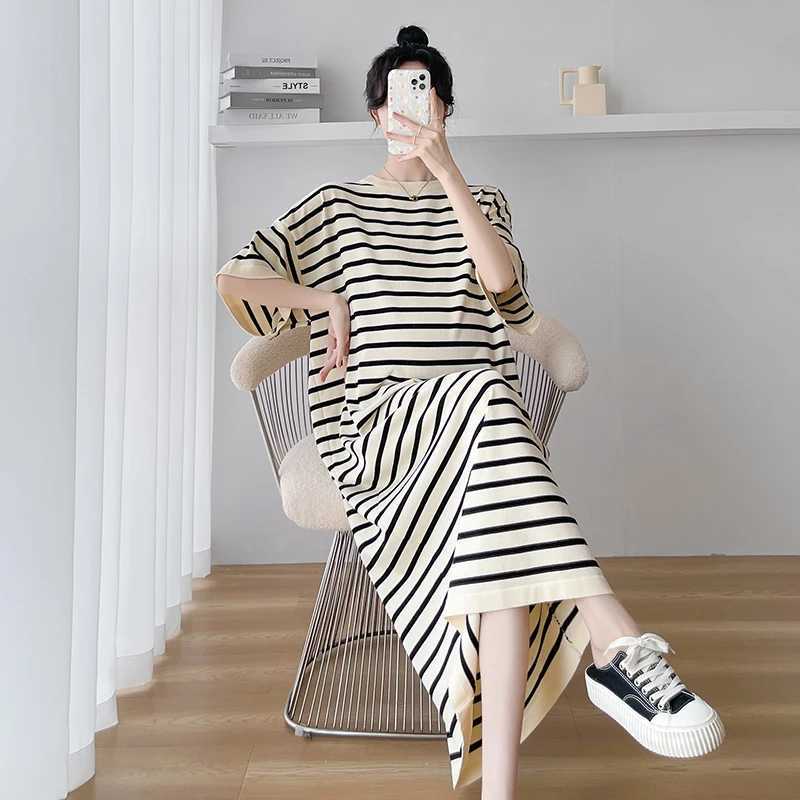 1021# 2024 Summer Striped Knitted Materni Long Dress Casual Loose Straight Clothes for Pregnant Women Pregnancy Ice CoolXJ241213
