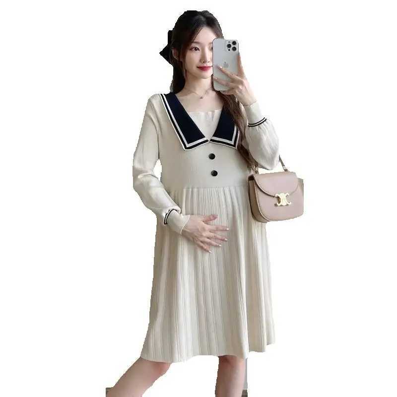 Fashion Materni Dress Autumn Winter Sailor Collar Clothes for Pregnant Women Elegance Pregnancy Loose Slimming Knitting DressXJ241213