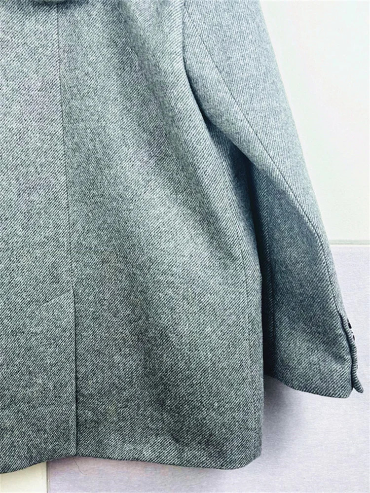 Ladies SingleBreasted Grey Elegant Jacket Tops with Pockets Autumn Winter Womens Hooded Suit Blazer Coat 241209
