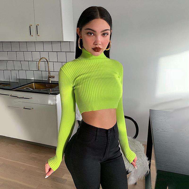 2024 European and American Sweater Women's Round Neck Long Sleeve Solid Color Sexy Short Style Exposed Umbilical Knitted Top for Women