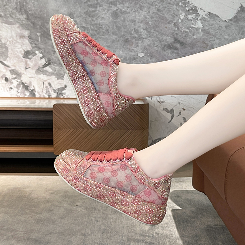 Full Diamond Thick Bottom Designer Casual Shoes with Lace up Women's Fashion Sports Shoes Pink Printed Women's Luxury Flat Shoes High Qualit