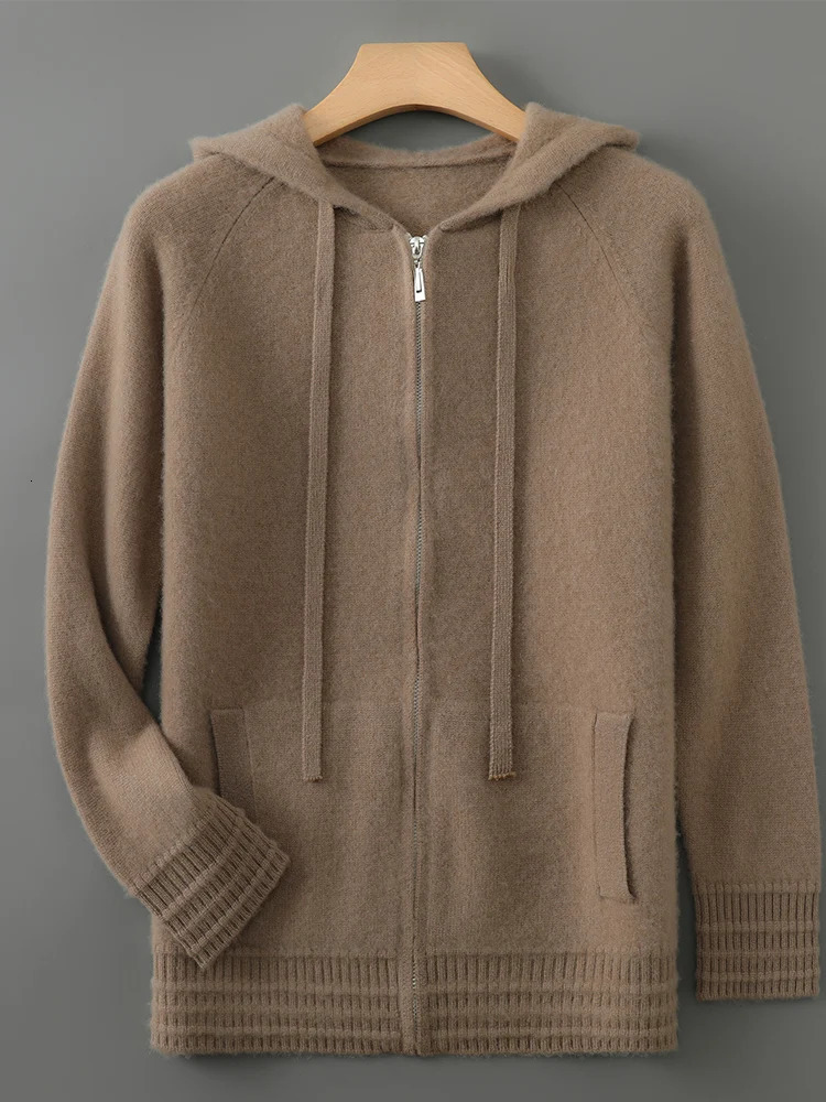 100% Merino Wool Sweater Mens Hooded Collar Knitted Cardigan Fashion Casual Base AutumnWinter Thick Warm Wear 241209