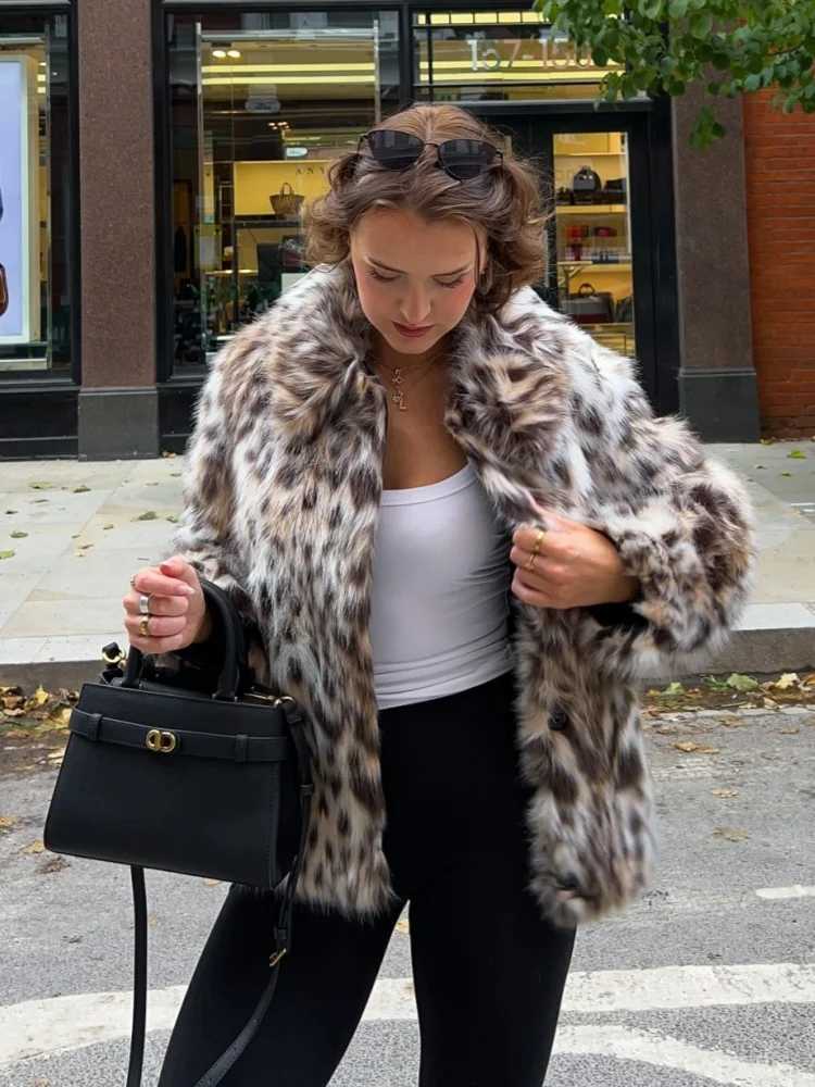 Womens Leopard Printed Lapel Faux Fur Coat Fashion Thicken Oversized Long Slve Warm Plush Jacket Winter Lady Strtwear 2024 X241214