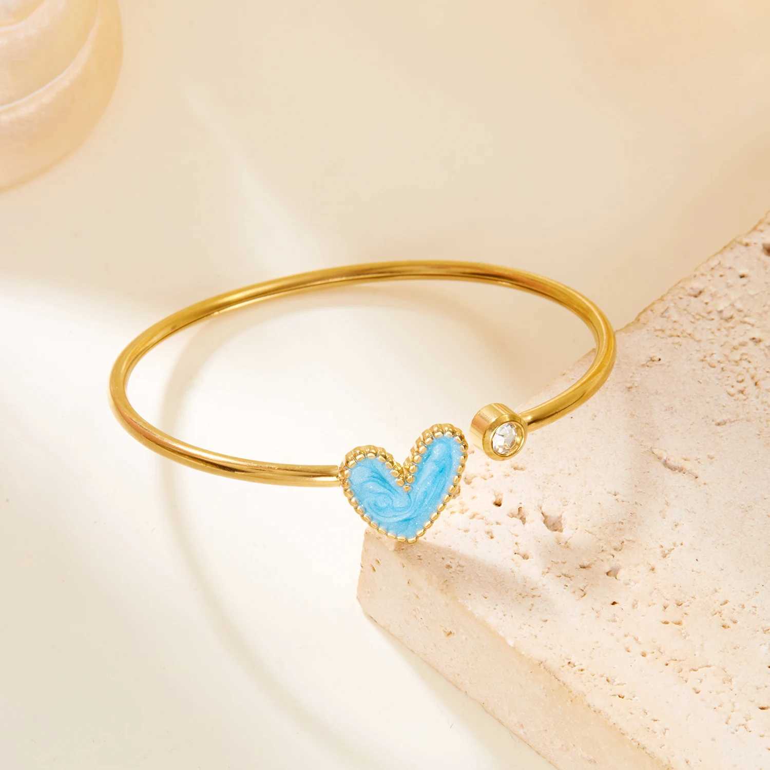 Stainl Steel Heart She Open Bracelet For Women Gold Plated Crystal Zircon Exquisite Open Bangle Waterproof JewelryXJ241214
