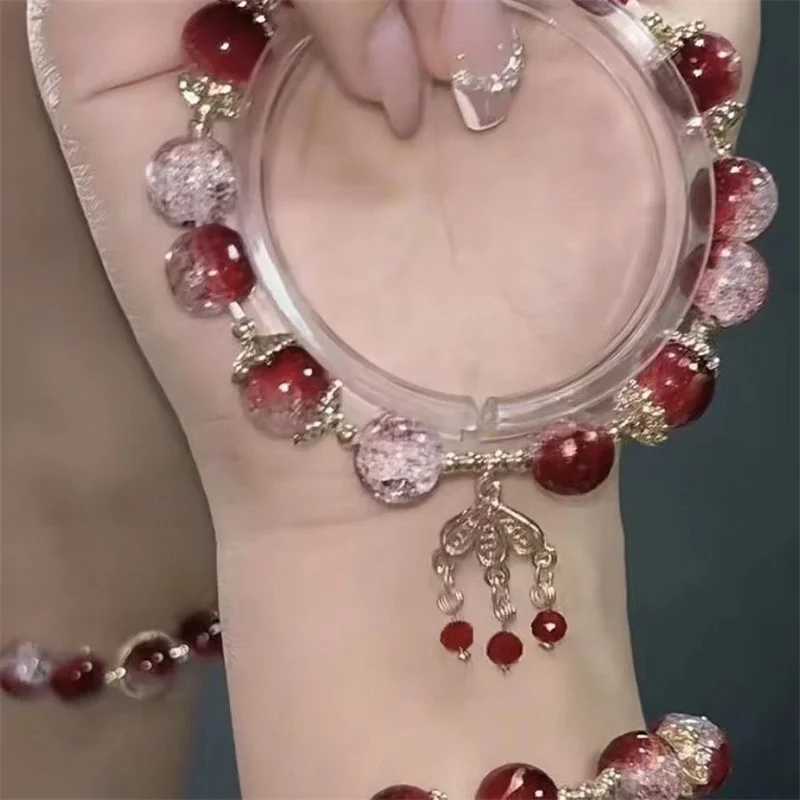 Korean Sweet Cute Flowers Pendant Beaded Bracelet For Women Green Crystal Glass Beaded Chain Bracelet Y2k Jewelry GiftsXJ241214