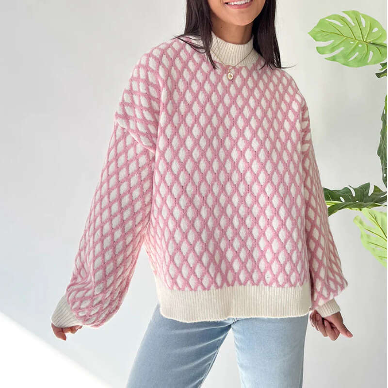 2024 autumn winter new European and American knitted top women's round neck plaid lantern sleeves loose pullover sweater for women