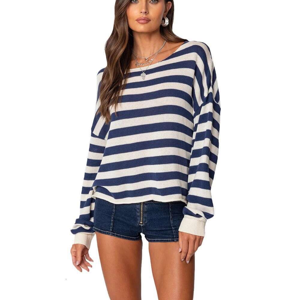 2025 European and American new knitted top women's casual loose striped long sleeved pullover sweater for women