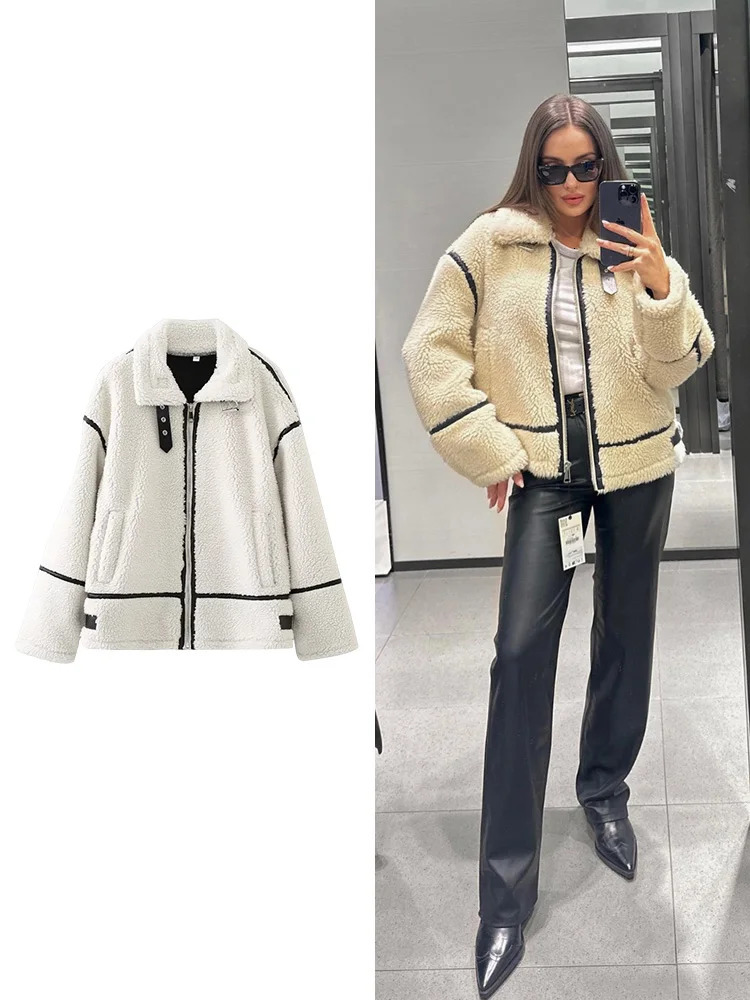 TRAF Womens Street Fashion Bicycle Jacket European and American Style Casual Fur One Piece Sheepskin Conflict Color Warm Coat 241210