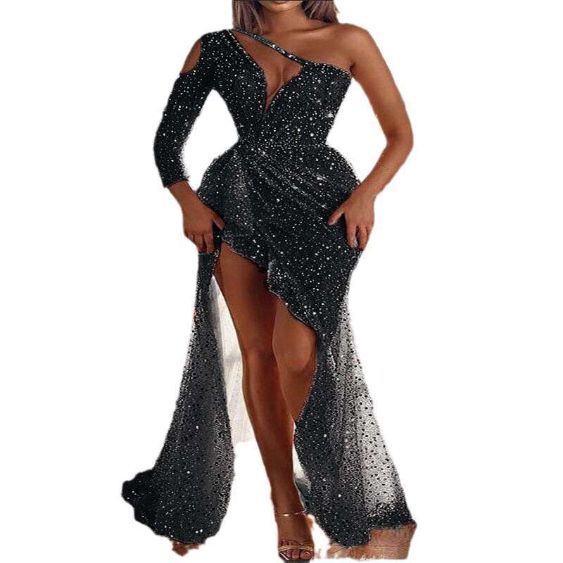 Women's Dreamy Socialite Party Quality Sexy High Slit Long Sleeved Sequined Banquet Evening Dress