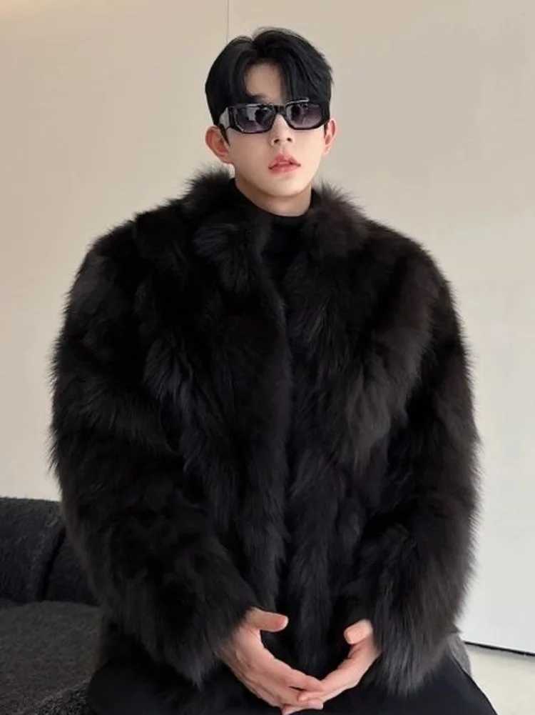 Fur imitation thick mens artificial fox fur coat mens warm coat long sleeved new winter artificial fur leather jacket fluffy fur coat W241213