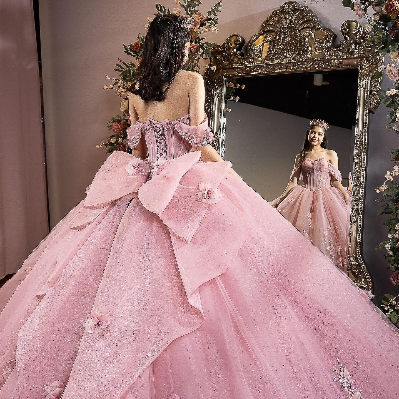Pink Shiny Quinceanera Dresses Ball Gown Off The Shoulder Appliques Lace Flower Beads Corset Sweet 16 Vestidos 15 De XV Anos