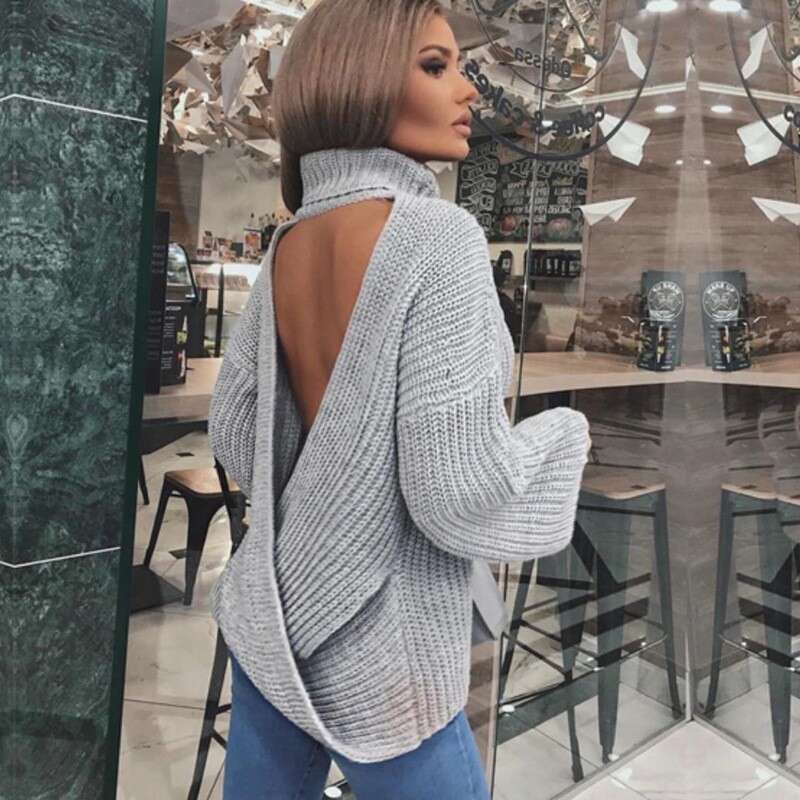2024 European and American women's long sleeved sexy hot girl backless cross high neck outer knitted sweater top for women