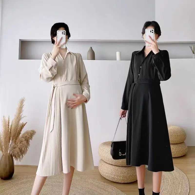 2024 Black Beige Long Sleeve Materni Nursing Dress Spring Fashion Pregnant Woman Formal Dress Pregnancy Breastfeeding ClothesXJ241213
