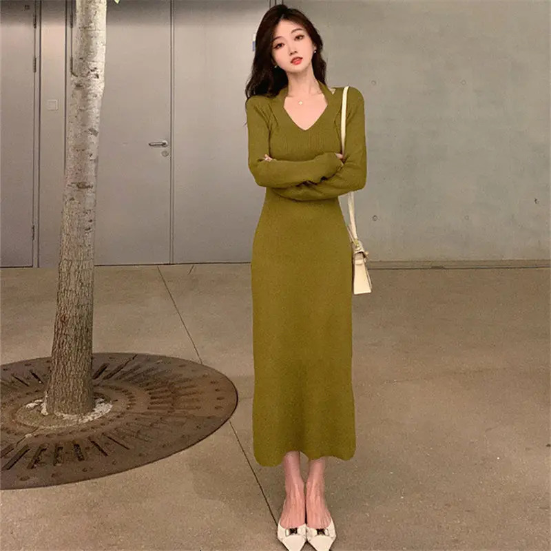 Autumn Winter Fashion Vneck Long Sleeve Solid Womens Clothing Slim Allmatch Korean Knitting Simplicity Trend Chic Dresses 241212