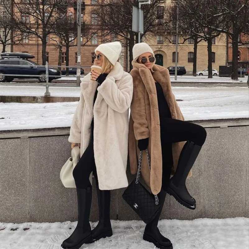 Luxury winter long coat womens oversized lapel artificial rabbit fur coat jacket womens plus size coat fur coat X241214