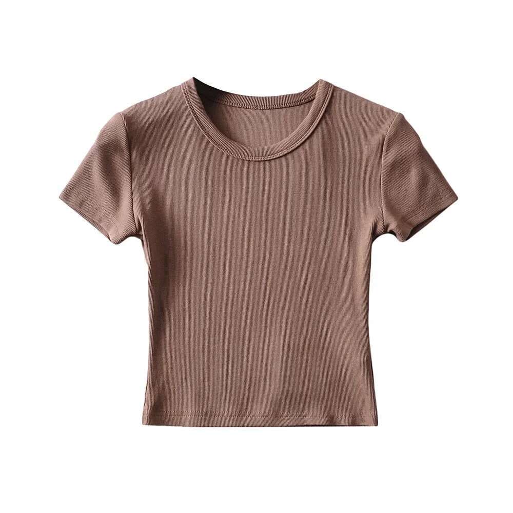 American summer 8-color high waist elastic slim fit wide edge round neck short sleeved T-shirt for women solid color tight fitting crop top trend 2024