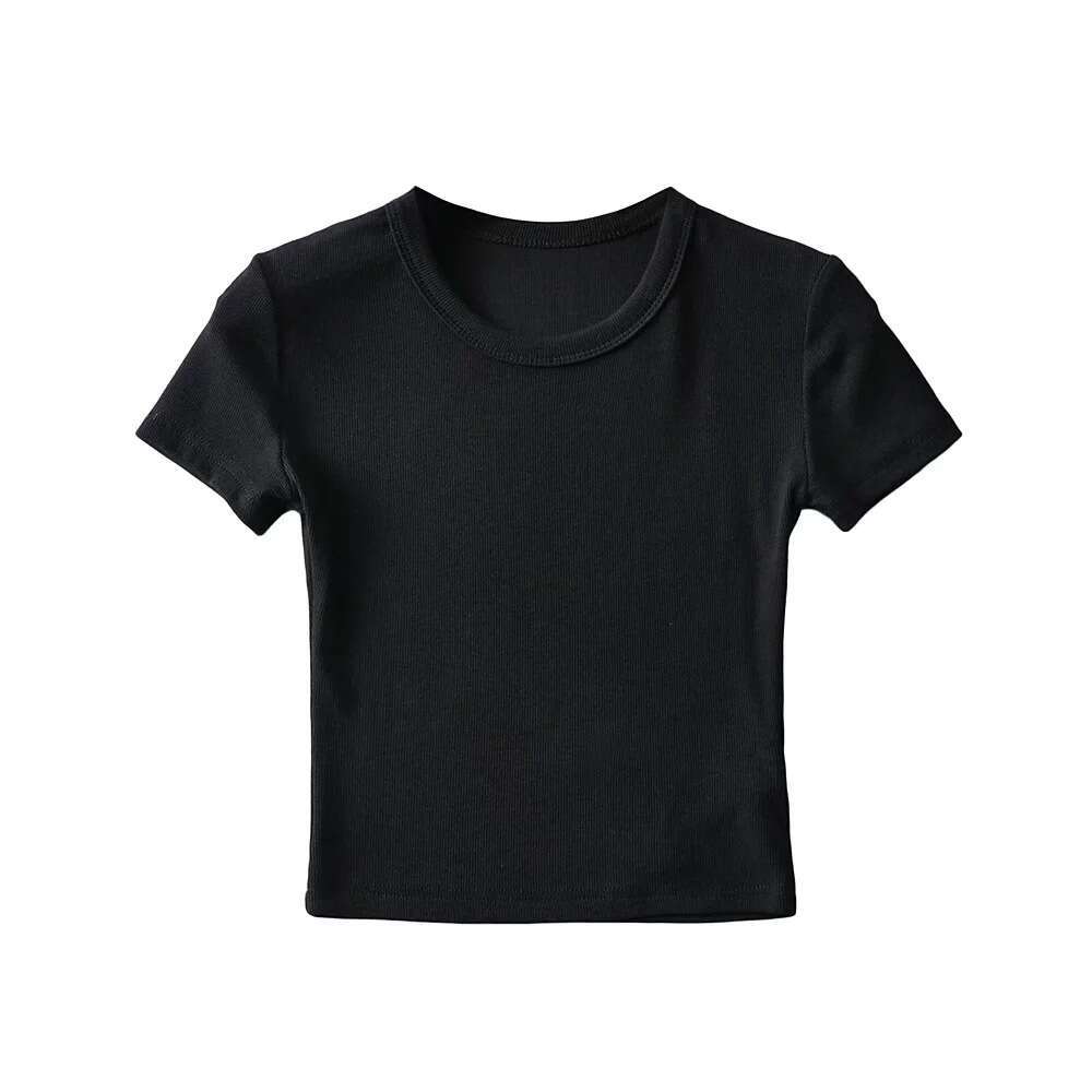 American summer 8-color high waist elastic slim fit wide edge round neck short sleeved T-shirt for women solid color tight fitting crop top trend 2024
