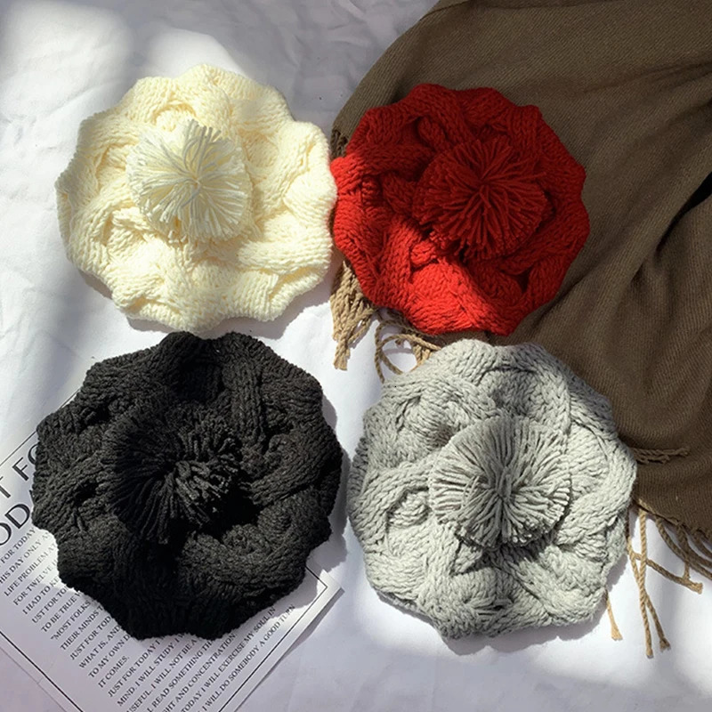 Lady Girl Twisted Hemp Flower Beret Vintage Artist for Women Warm Pompom Knitted Beanie Hat Outdoor Simple Ski Winter Cap 241214