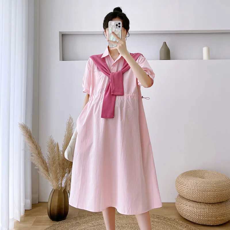 Pregnant Women Dresses Materni Lapel Dress Pregnancy Solid Color Loose Knee A Skirt Female Girls Summer ClothesXJ241213