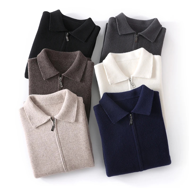 Autumn Winter 100% High Quality Wool Cardigan Mens Lapel Thick Zipper Casual Sweater Large Size Cashmere Knit Jacket Men Tops 241209