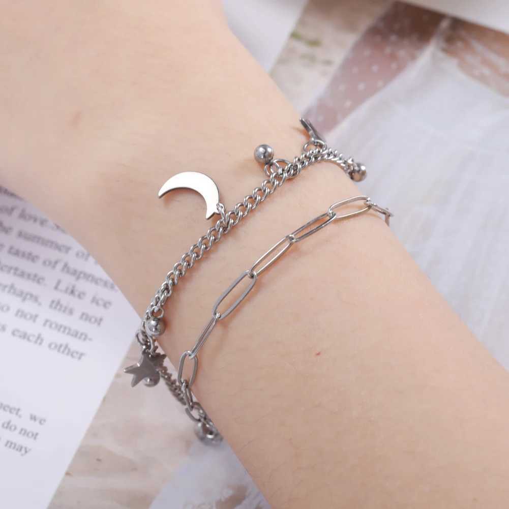 Star Moon Pendant Double Chain Bracelets Womens Stainl Steel Bracelets Tren Jewelry for r Anniversary GiftsXJ241214