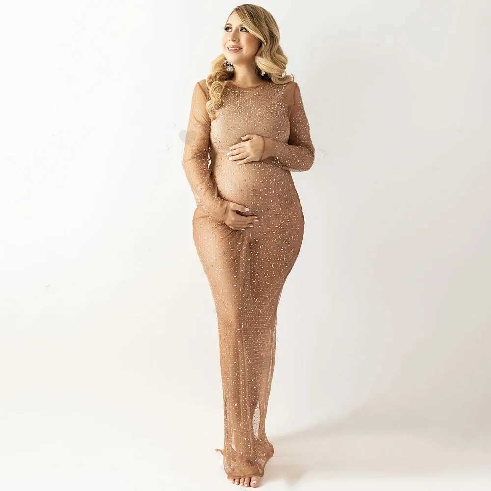 Transparent Materni Photography Gown Sparkling Rhinestone Elastic Mesh Fashion Sexy Dress Pregnant Women For Photo ShootXJ241213