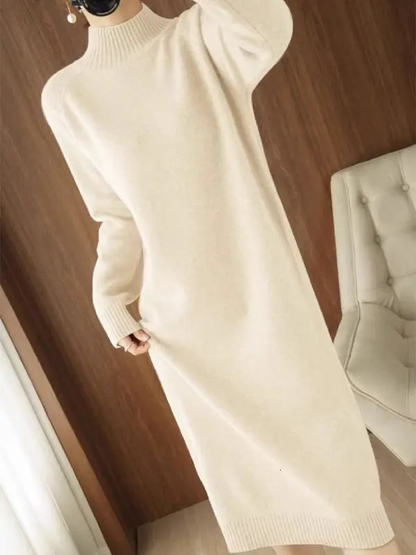 Wool Dress 2024 AutumnWinter Long Sleeve Casual Cashmere Half Collar Sweater Thick Bottom Skirt LJ615 241212