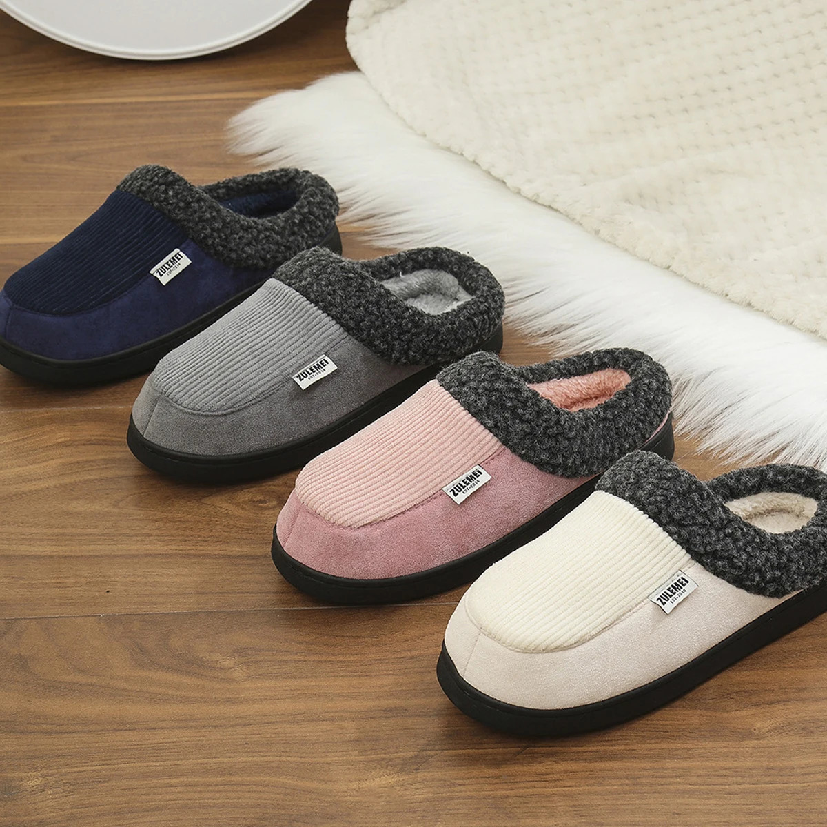 Litfun Winter Men Cotton Shoes Warm Fleece Lined Outdoor Fashion Fuzzy Slides Indoor Antiskid Short Plush Female House Slippers 241214
