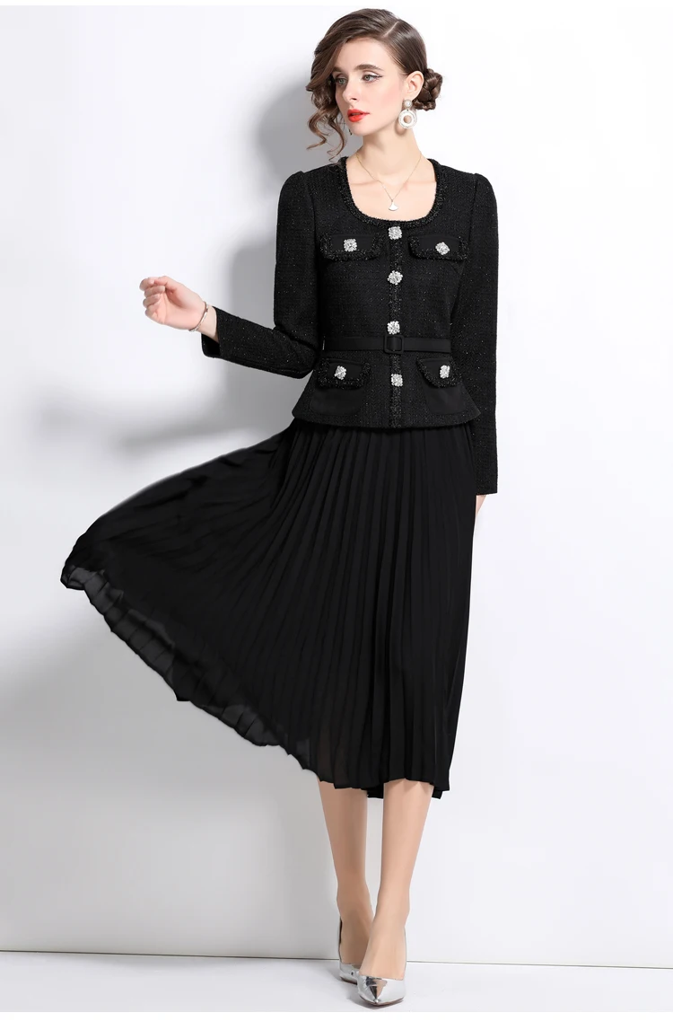 Runway Women Dresses Quality Autumn Crystal Long Sleeve Chiffon Tweed Midi Dress For Women Beading Diamonds Pleated Party Vestidos Belt Evening Robe 2