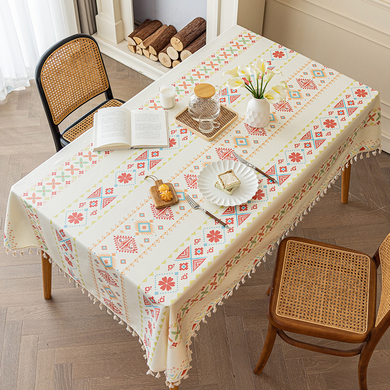 Cotton And Linen Non Washable Fabric, Ethnic Style Rectangular Tassel Tablecloth Waterproof And Oil Resistant LN1190