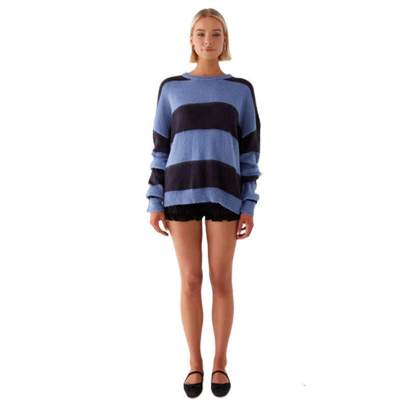 2024 new European and American knitted top round neck striped contrasting loose lazy pullover sweater for women