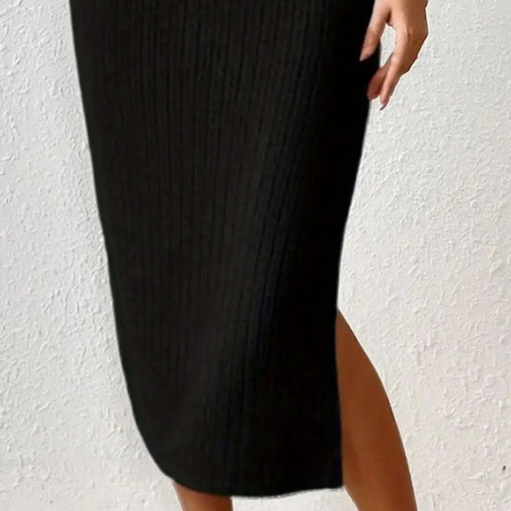Womens summer dress split hem knitted elastic long sleeved party commuting casual Ins style Midi 241212