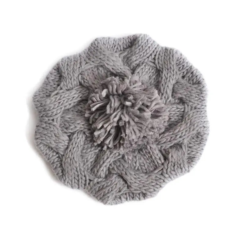 Lady Girl Twisted Hemp Flower Beret Vintage Artist for Women Warm Pompom Knitted Beanie Hat Outdoor Simple Ski Winter Cap 241214