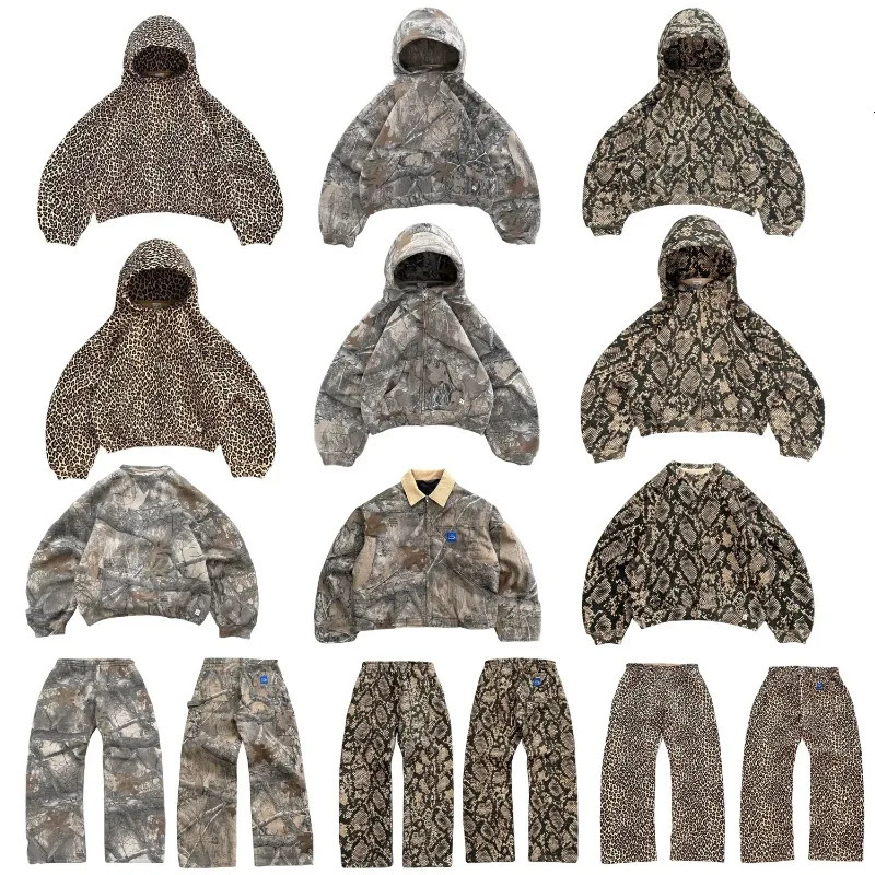 Y2K vintage Camouflage Hoodie Men Set Python Men Women Harajuku sweatshirt Fashion Leopard Pattern American High Street Clothing 241214