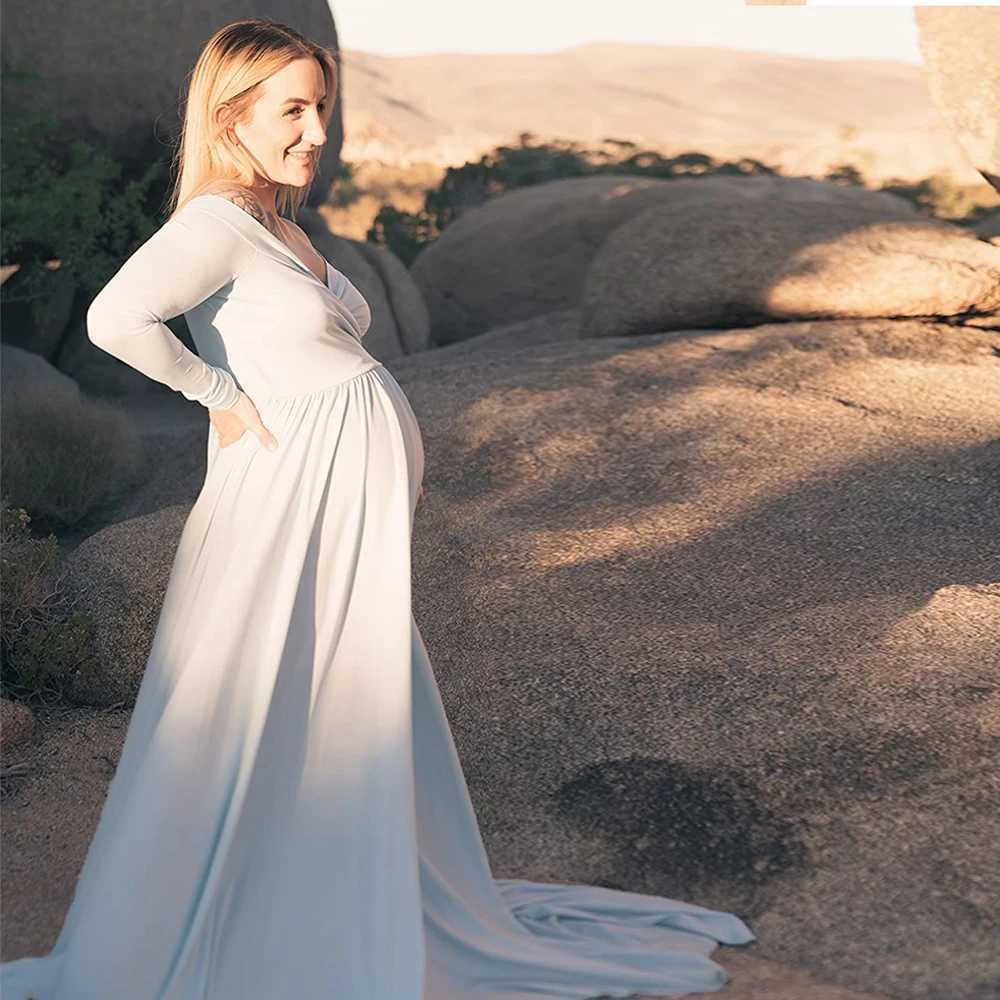 Materni V-neck Gown Long Sleeve Trailing Maxi Dress Elegant Photo Shoot For Pregnant Women PhotographyXJ241213