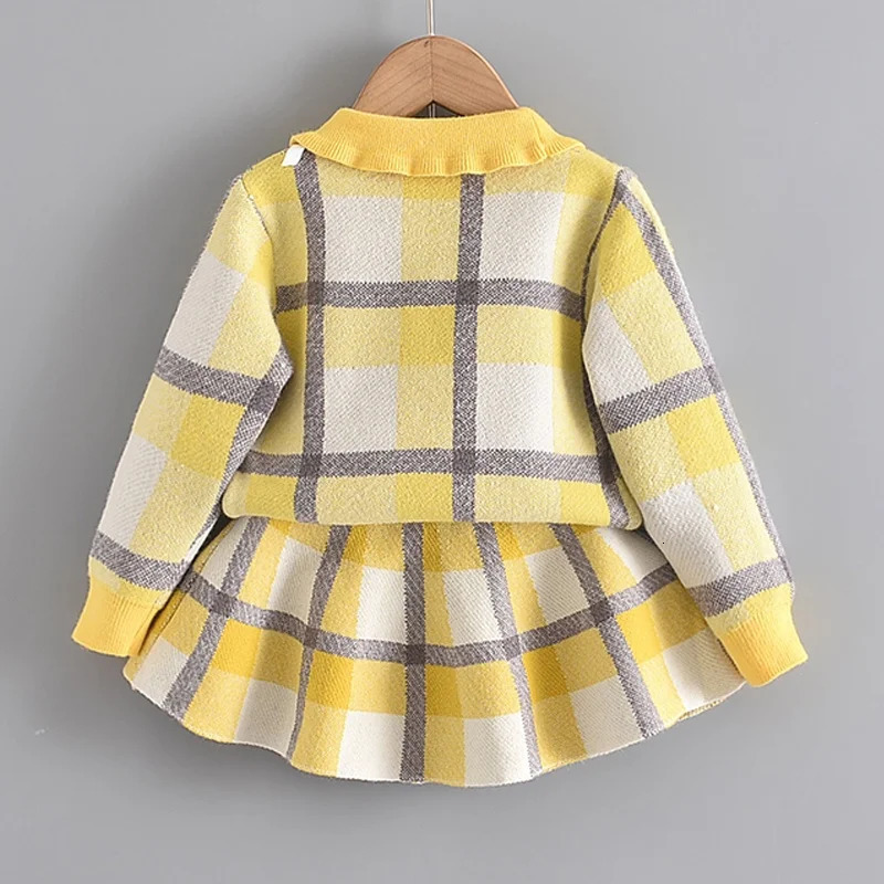 Bear Leader Winter Princess Outfits Girls Plaid Cute Clothing Sets Fashion Kids Baby Knitted Sweaters with Bow Ruffles Skirt 241213