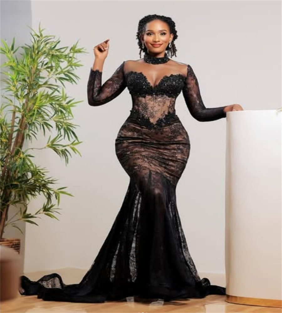 Elegant Mermaid Black Evening Dress For Black Women Long Sleeve Lace Plus Size Prom Dress 2025 Aso Ebie Open Back Formal Occasion Birthday Party Gowns