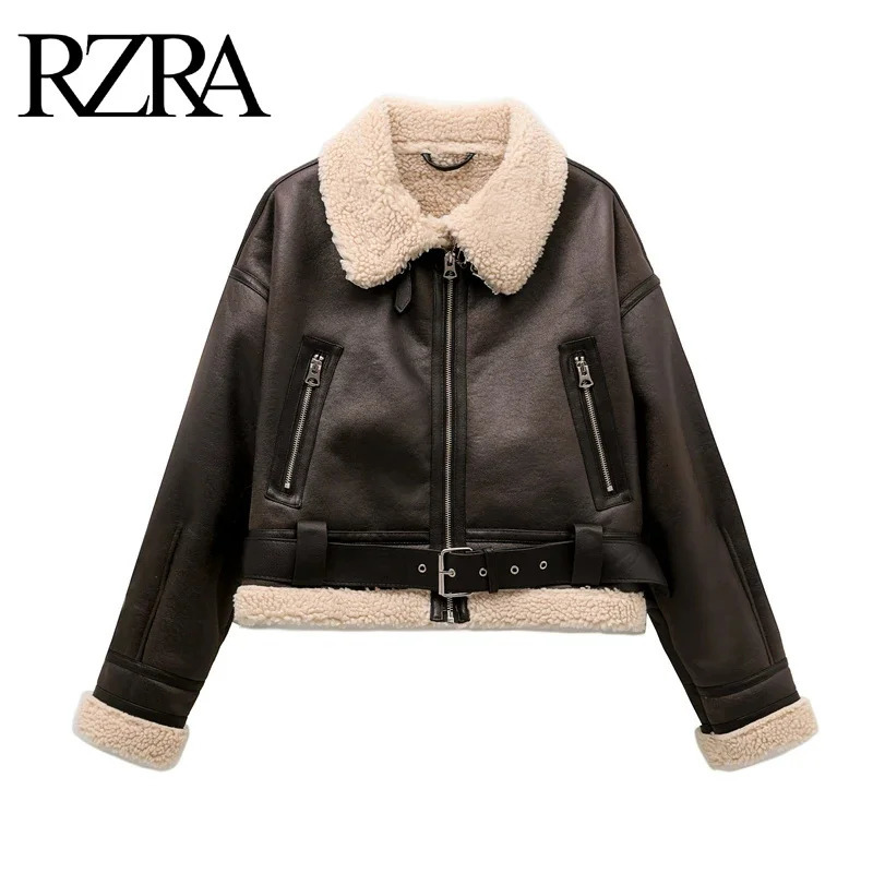 RZRA Womens Autumn/Winter Fur Single Piece Double sided Short Wool Jacket with Belt Zipper Pocket 241210