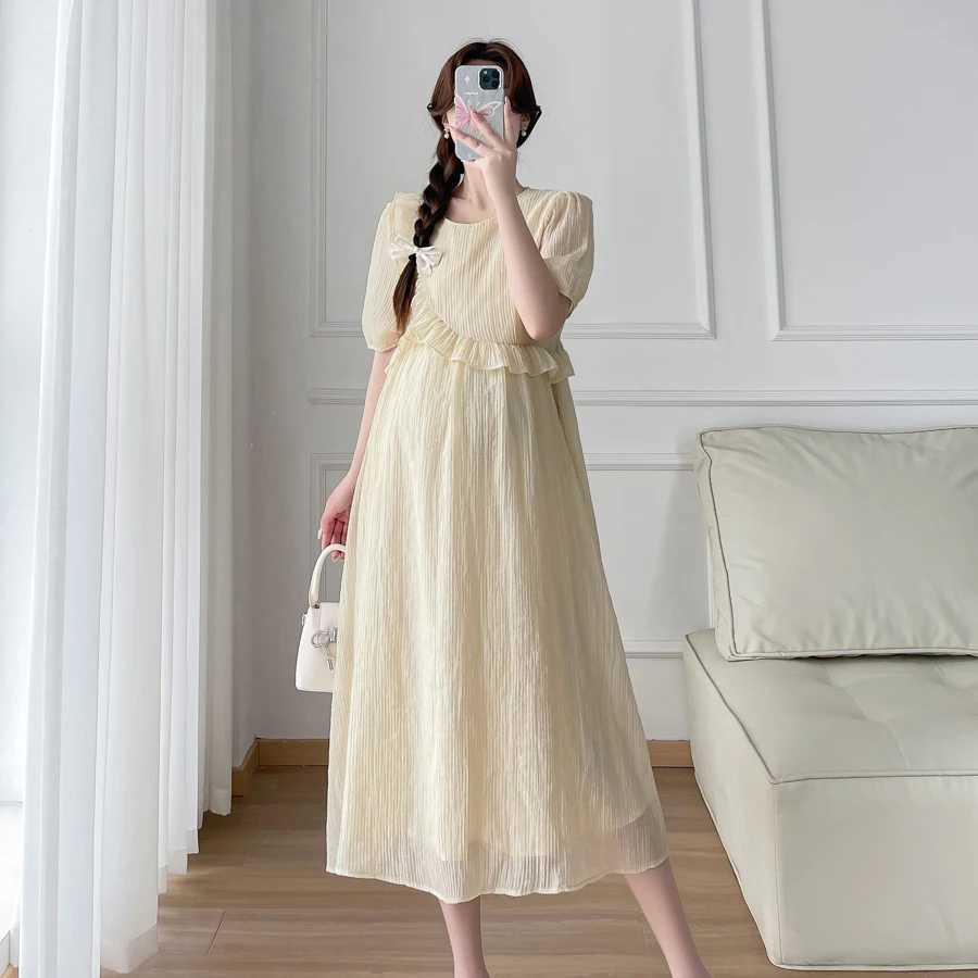 Summer Materni Long Par Dress Sweet Ruffles Patchwork Puff Sleeve O-neck Pregnant Woman Pleated Mesh Dress Princess DressesXJ241213