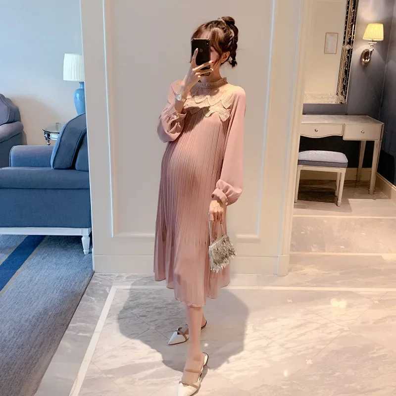 9310# Autumn Korean Fashion Pleated Chiffon Materni Long Dress Loose Straight Clothes for Pregnant Women Pregnancy ClothingXJ241213