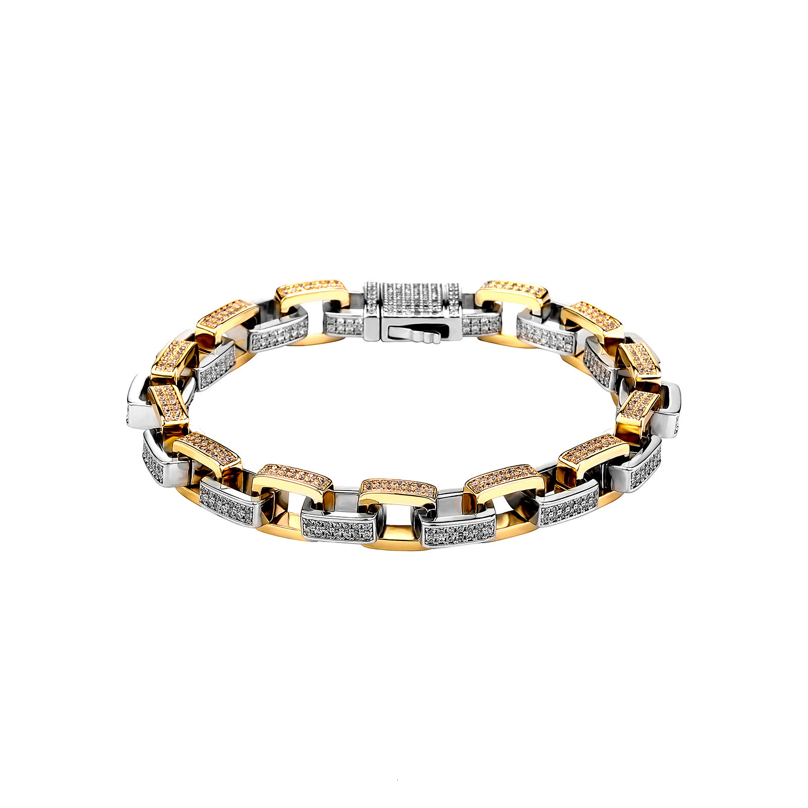 Hip Hop New Geometric Square Link Chain Mens Bracelet Bling Cubic Zircon Spring Buckle Bangle Bracelets 14k Gold Miami Rapper Bijoux Pulsera Hombre Wo
