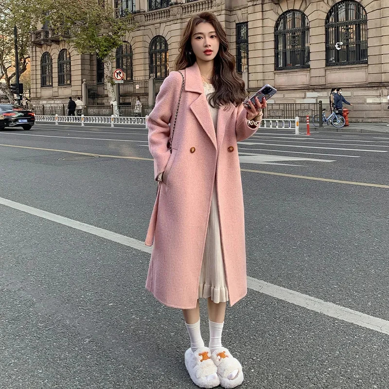 Black Double sided wool Coat Womens Autumn Winter Korean version Loose Lace up Woolen Coats Female Slim Long Overcoat 241214