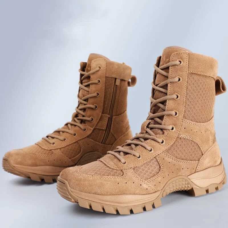 Summer Brown Tactical Combat Boots Mens Ultra Light Mesh Breathable Zipper Work Training Boots Outdoor Climbing Hiking Shoes X241214