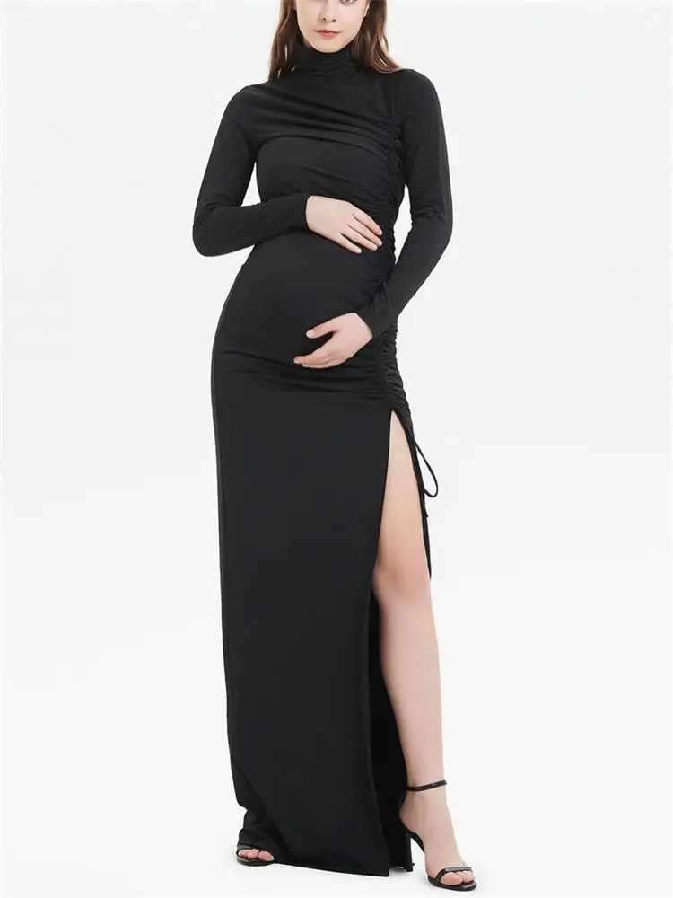 Materni Women Drstring Side Slit Long Dresses Baby Shower Photoshoot Dress Pregnant Women ClothesXJ241213