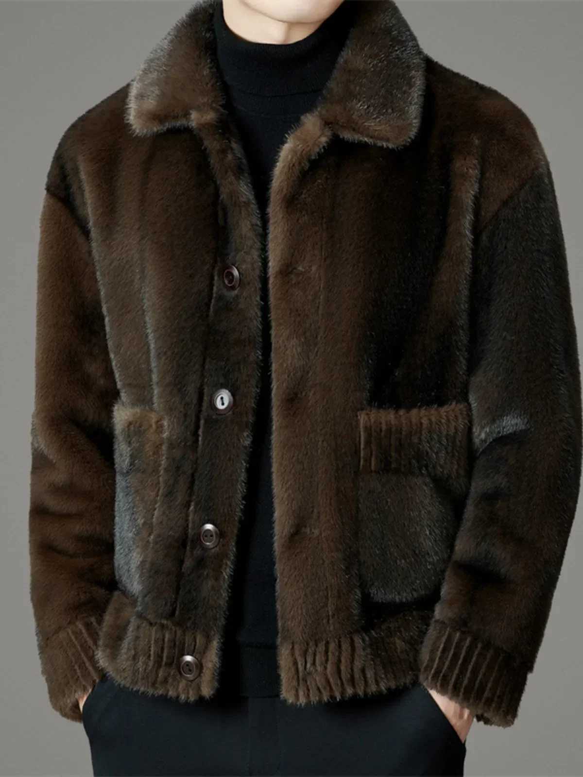 2024 mens winter fashion faux mink jacket mens collar thick coat mens long sleeved imitation fur coat G593 W241213
