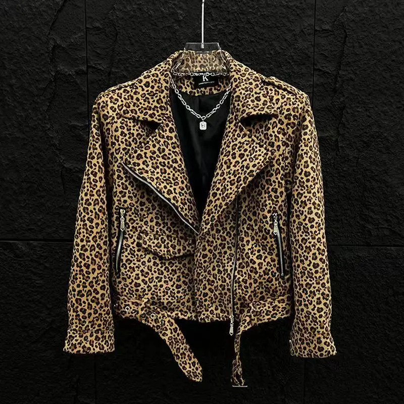 Spring Autumn Leopard Print Mens Short Jacket Fashion Motorcycle Wear Suede Coat Outwear for Male 241214