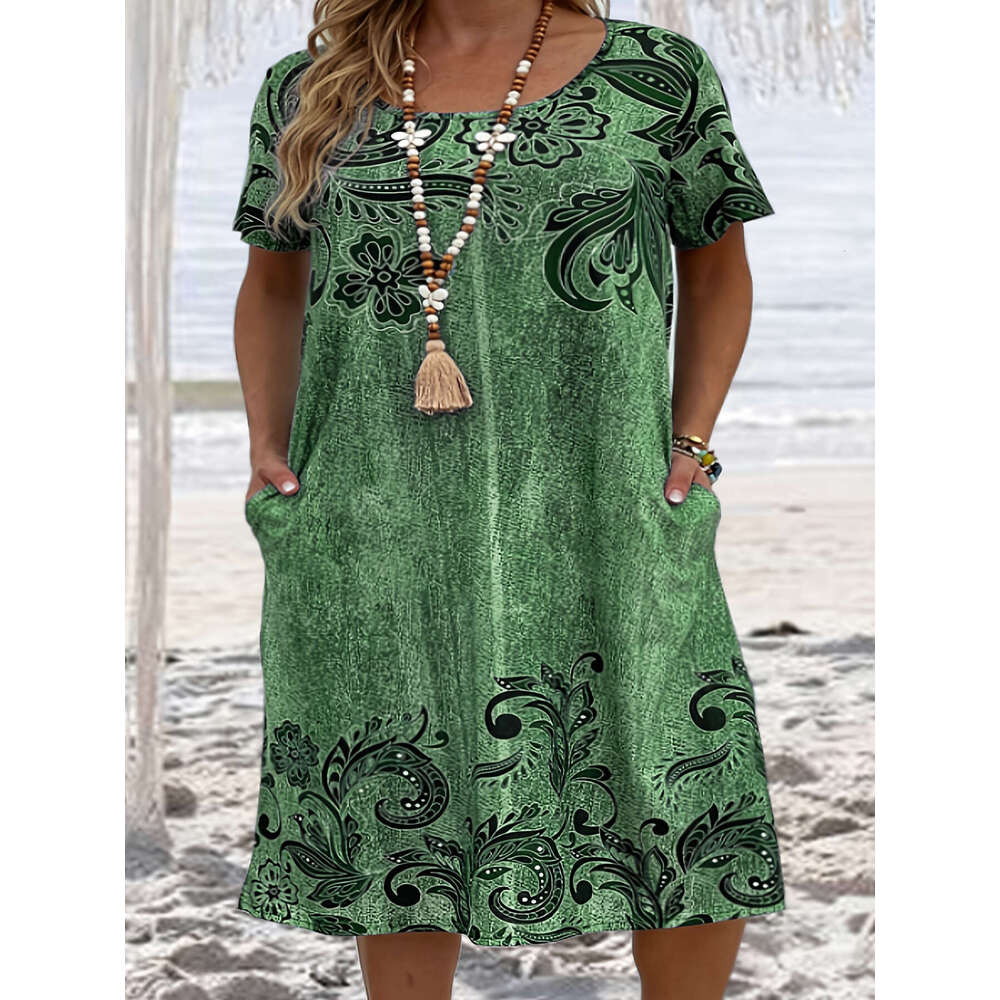 Large size women's loose 3D printed pocket dress 2024 new style chic and elegant clothing